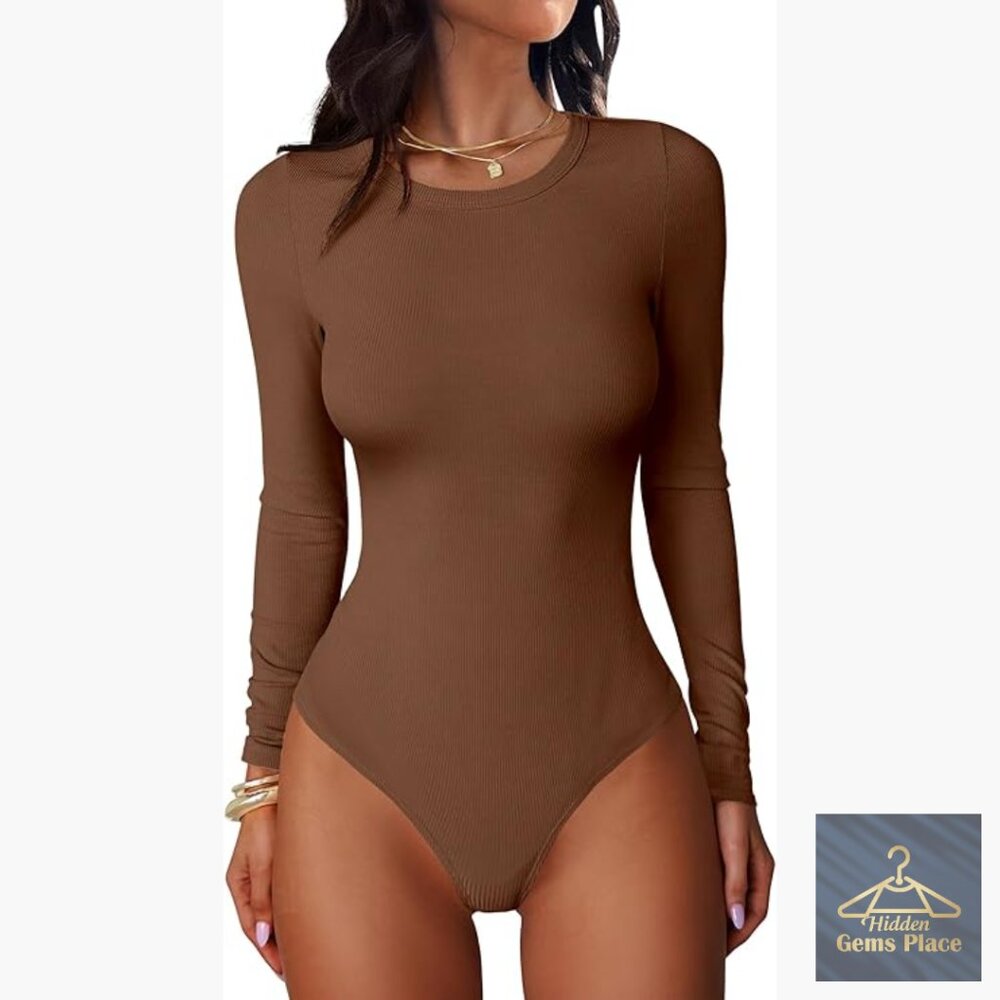 Long Sleeve Crew Neck Bodysuit Slim Fit Ribbed Knit Tee Shirt